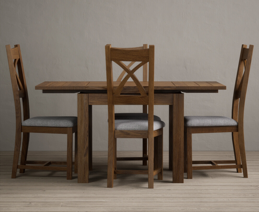 Product photograph of Extending Buxton 90cm Rustic Solid Oak Dining Table With 6 Linen Rustic Solid Oak Chairs from Oak Furniture Superstore