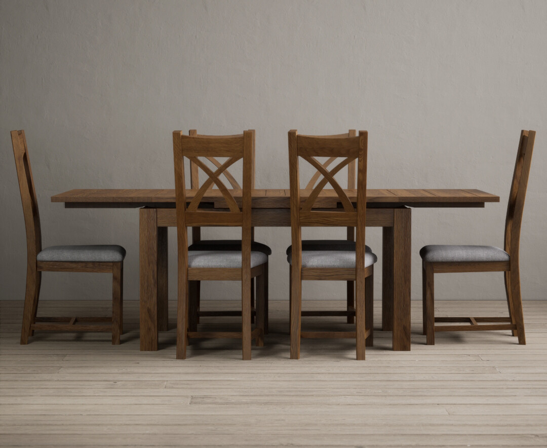 Product photograph of Extending Buxton 140cm Rustic Solid Oak Dining Table With 8 Linen Rustic Solid Oak Chairs from Oak Furniture Superstore