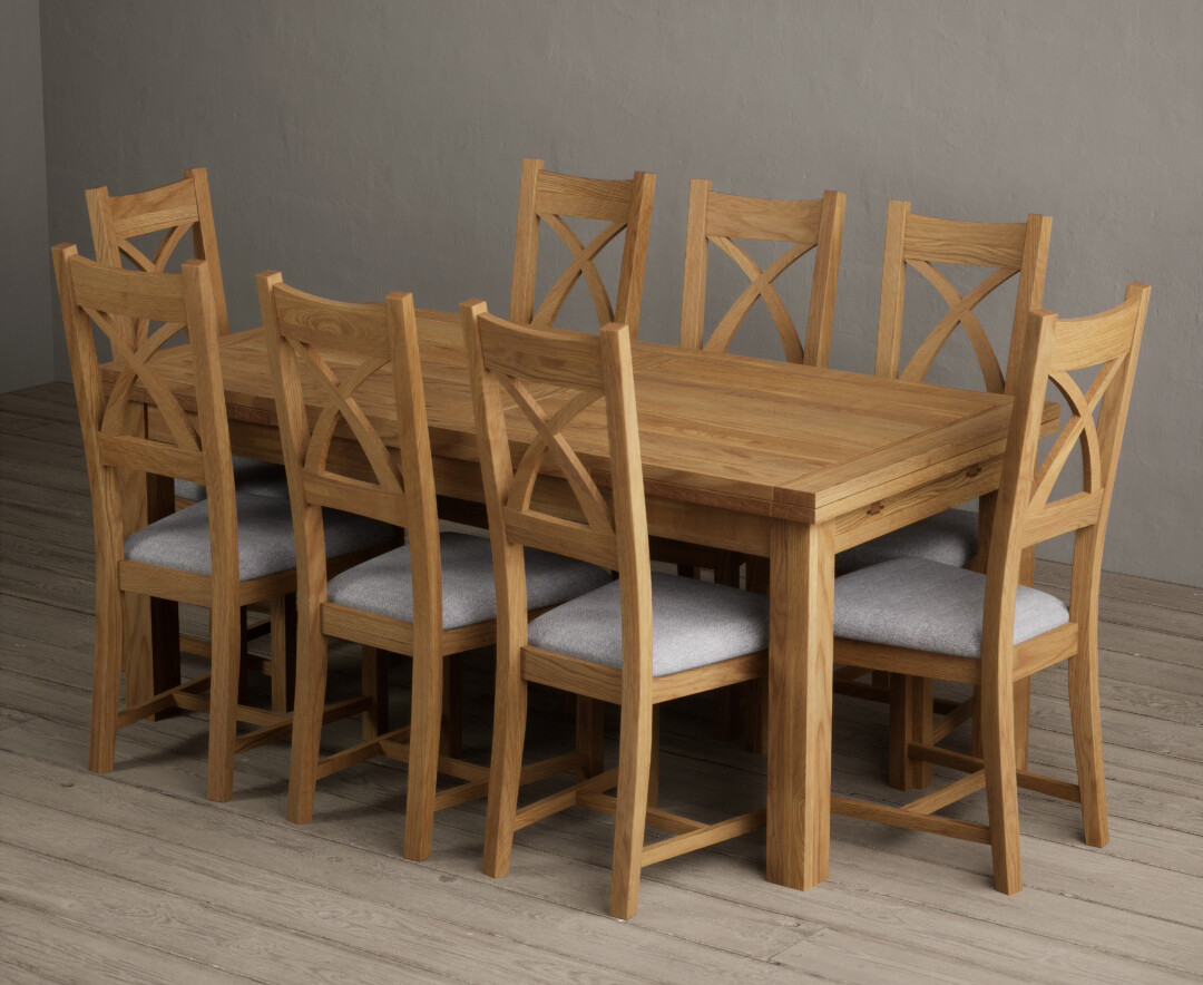Photo 3 of Buxton 180cm solid oak extending dining table with 8 light grey natural solid oak x back chairs