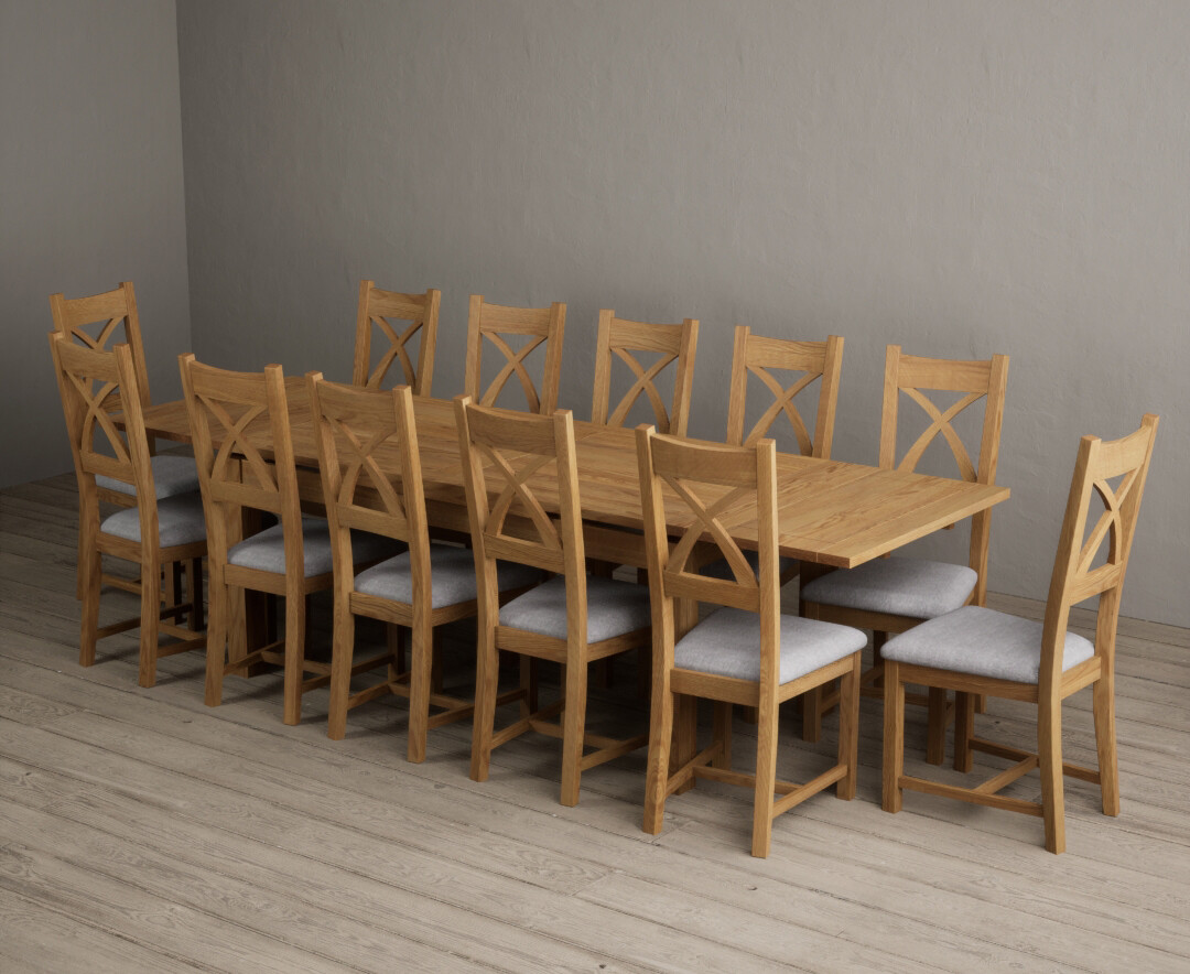 Photo 4 of Buxton 180cm solid oak extending dining table with 8 light grey natural solid oak x back chairs