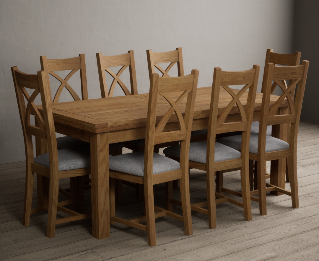 Hampshire 180cm Solid Oak Extending Dining Table With 8 Light Grey Natural Solid Oak X Back Chairs