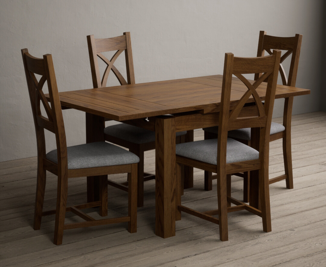 Photo 3 of Extending buxton 90cm rustic solid oak dining table with 6 linen rustic solid oak chairs