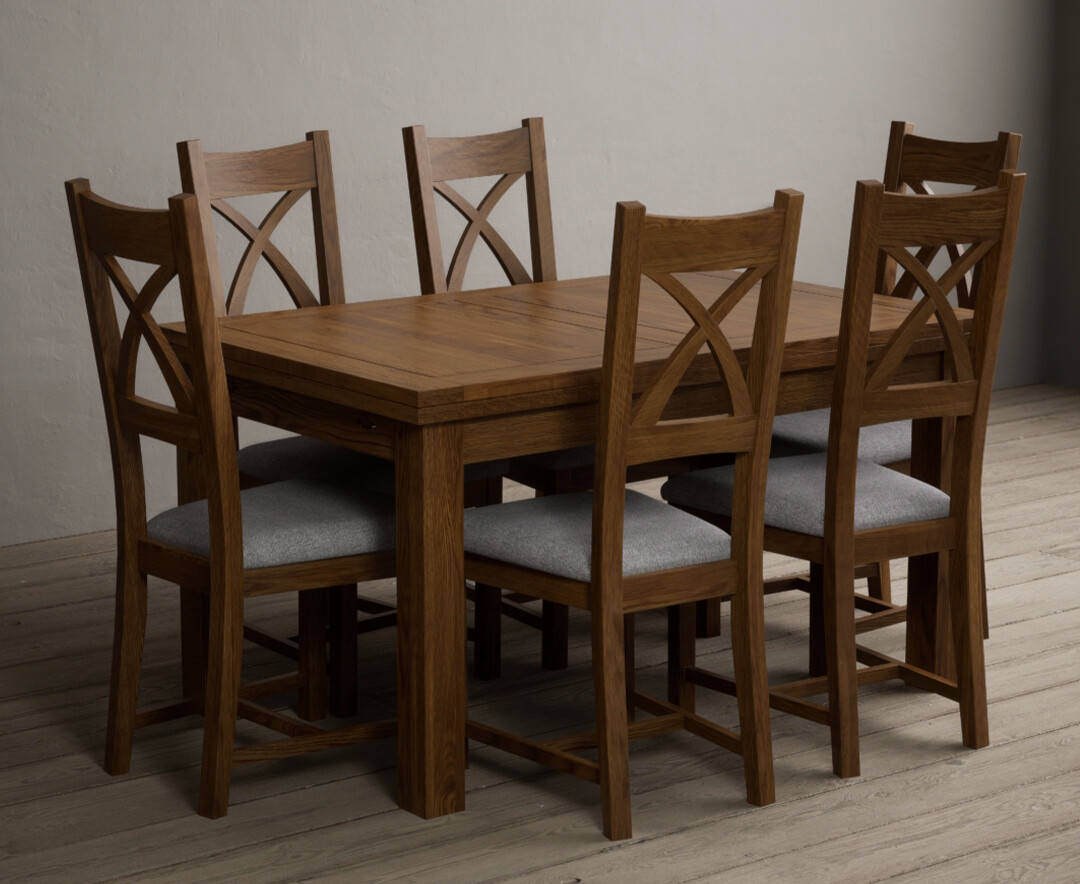 Photo 3 of Extending buxton 140cm rustic solid oak dining table with 8 light grey rustic solid oak chairs