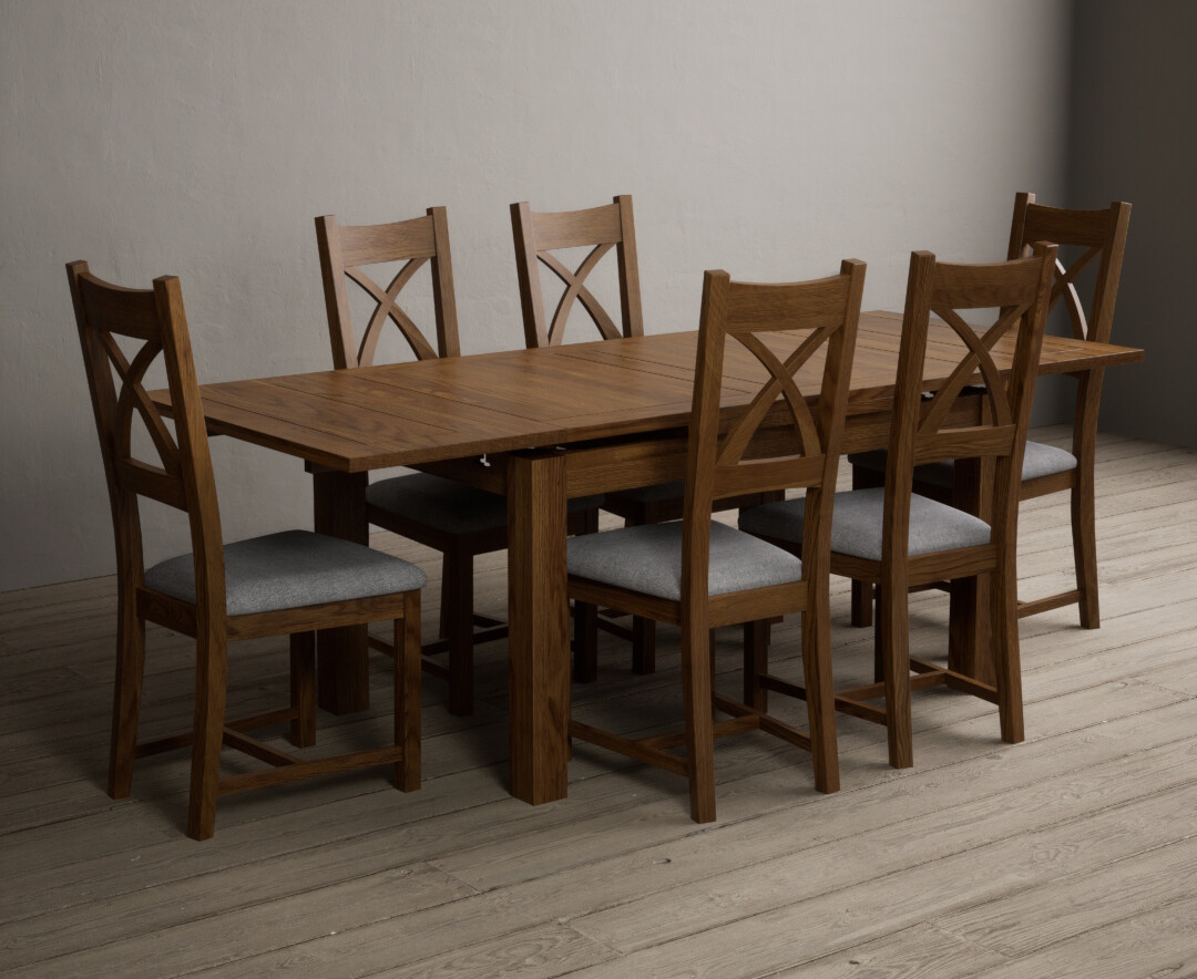 Product photograph of Buxton 140cm Rustic Solid Oak Extending Dining Table With 6 Light Grey Solid Oak X Back Chairs from Oak Furniture Superstore