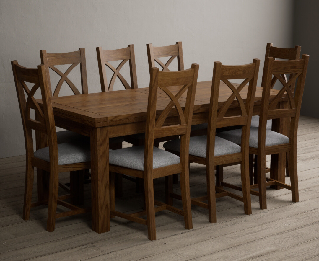 Product photograph of Buxton 180cm Rustic Solid Oak Extending Dining Table With 10 Light Grey Solid Oak X Back Chairs from Oak Furniture Superstore