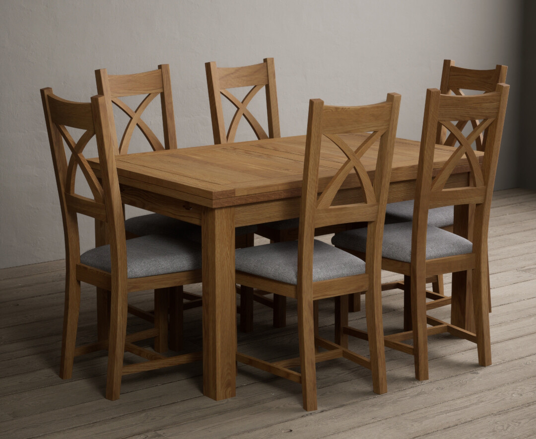 Product photograph of Buxton 140cm Solid Oak Extending Dining Table With 6 Light Grey Natural Solid Oak X Back Chairs from Oak Furniture Superstore