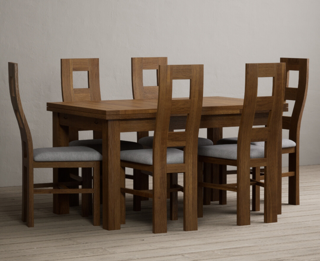 Photo 3 of Extending buxton 140cm rustic solid oak dining table with 8 light grey chairs