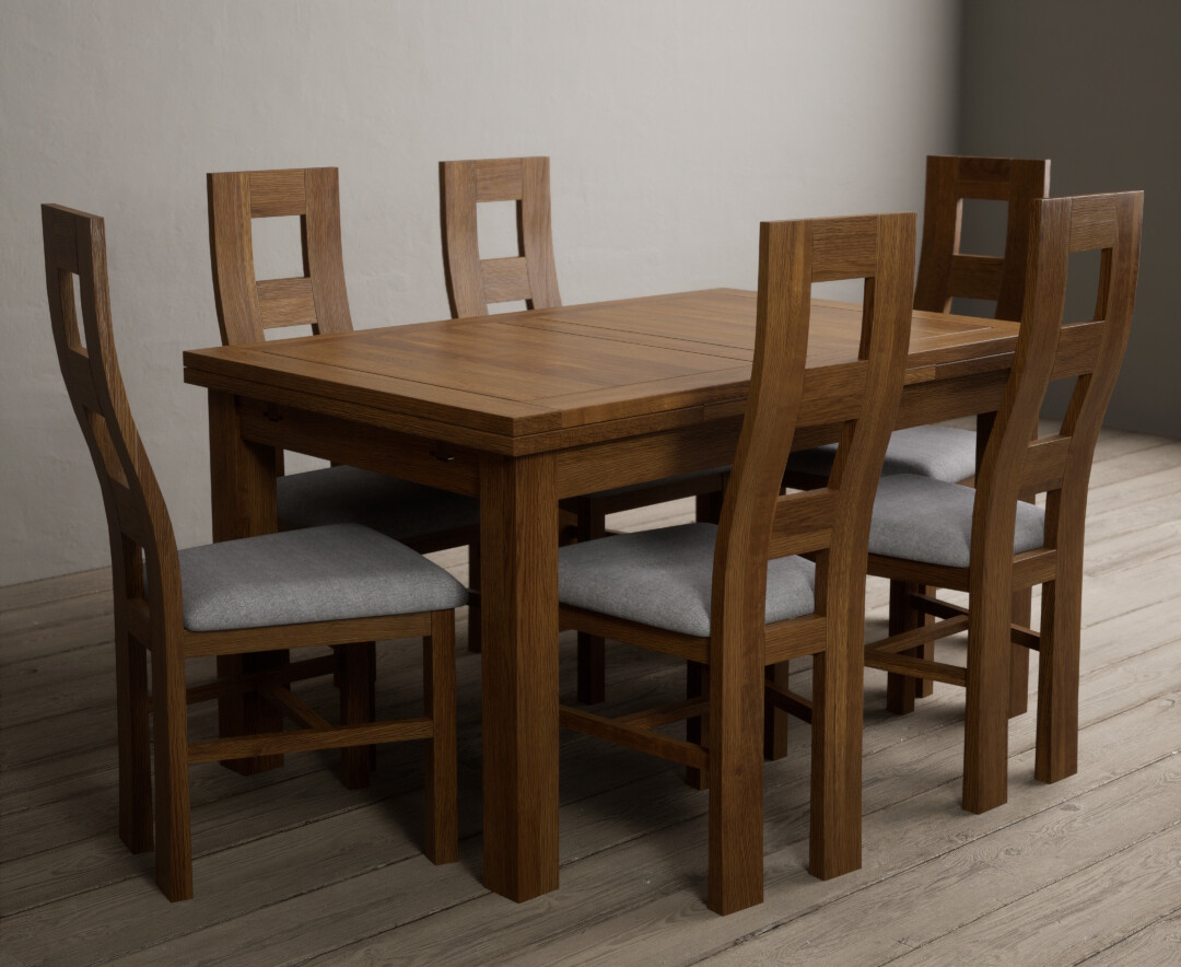 Photo 4 of Extending buxton 140cm rustic solid oak dining table with 6 blue chairs