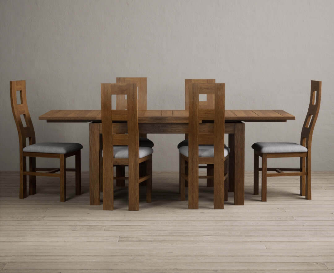 Product photograph of Extending Buxton 140cm Rustic Solid Oak Dining Table With 6 Linen Chairs from Oak Furniture Superstore