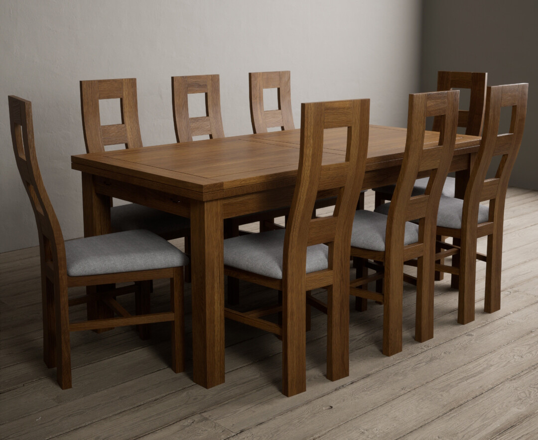 Photo 4 of Extending buxton 180cm rustic solid oak dining table with 10 light grey chairs