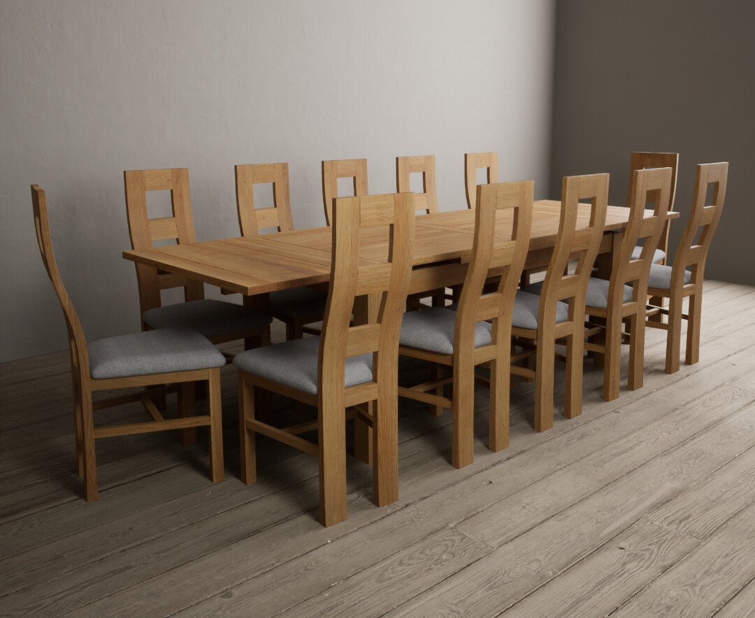 Extending Buxton 180cm Solid Oak Dining Table With 12 Linen Natural Chairs