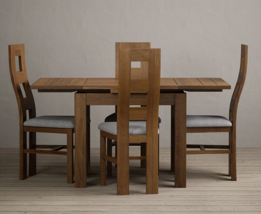 Product photograph of Extending Buxton 90cm Rustic Solid Oak Dining Table With 4 Linen Chairs from Oak Furniture Superstore