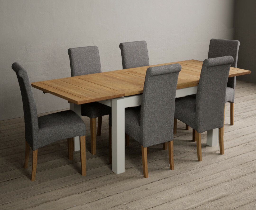 Hampshire 140cm Oak And Chalk White Extending Dining Table With 6 Grey Scroll Back Braced Chairs