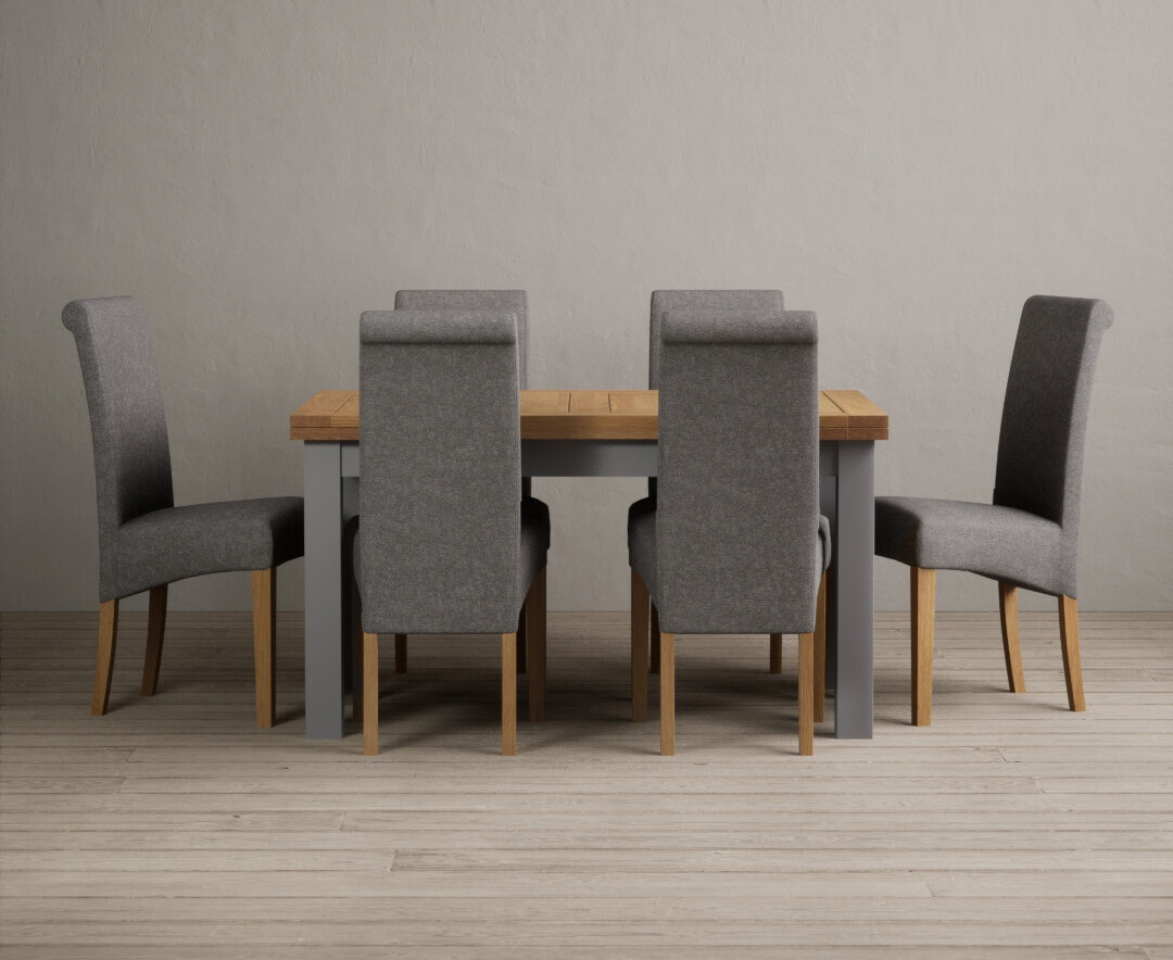 Product photograph of Buxton 140cm Oak And Light Grey Extending Dining Table With 6 Natural Scroll Back Chairs from Oak Furniture Superstore