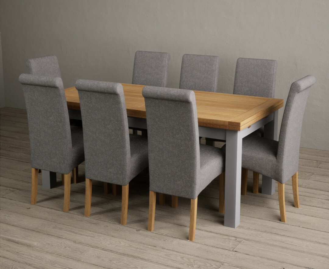 Product photograph of Buxton 180cm Oak And Light Grey Extending Dining Table With 12 Brown Scroll Back Chairs from Oak Furniture Superstore.