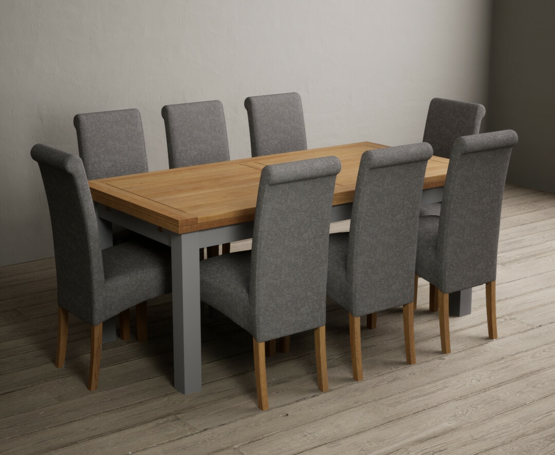 Product photograph of Buxton 180cm Oak And Light Grey Extending Dining Table With 10 Blue Scroll Back Chairs from Oak Furniture Superstore