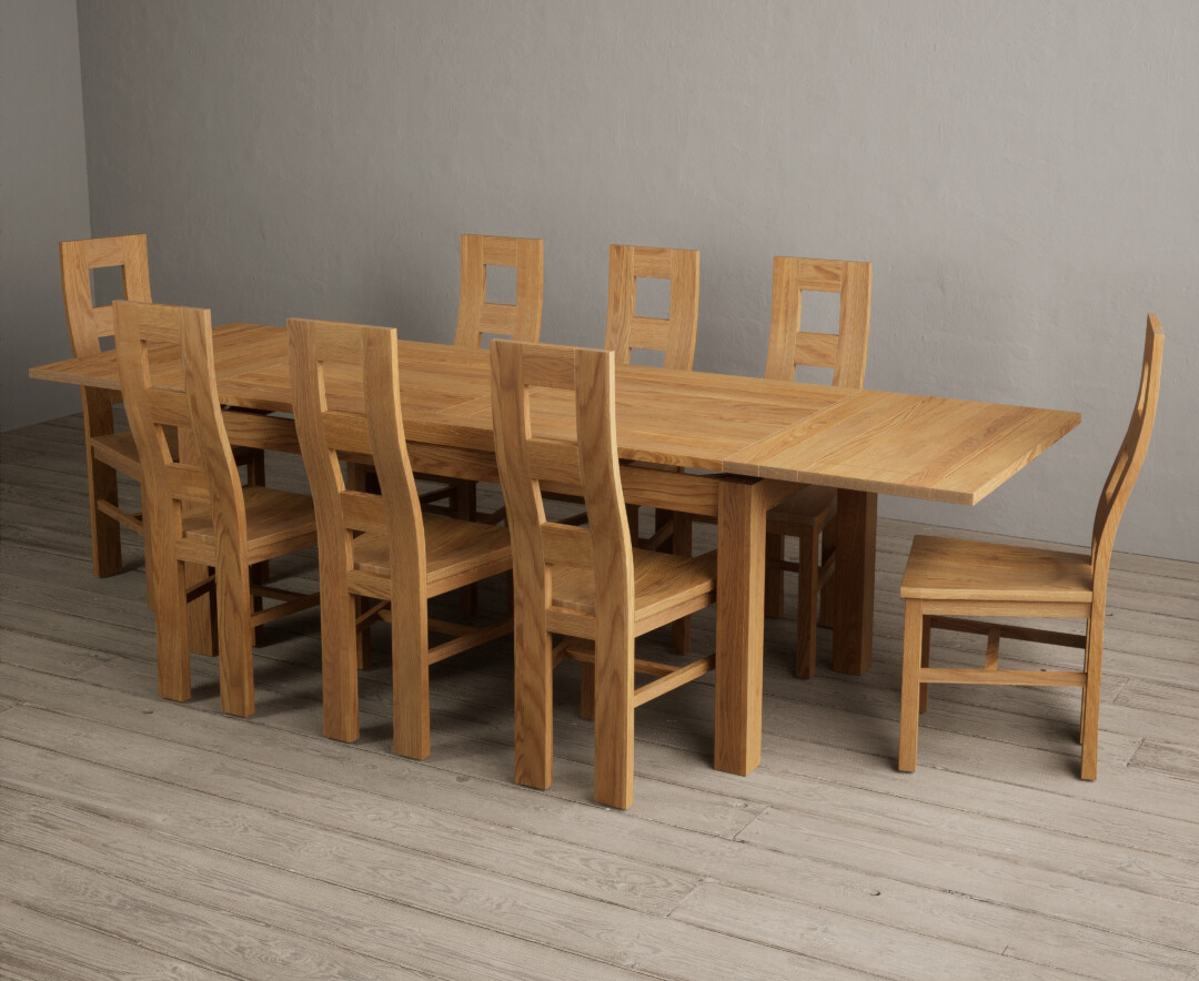 Photo 3 of Extending buxton 180cm solid oak dining table with 12 linen natural chairs