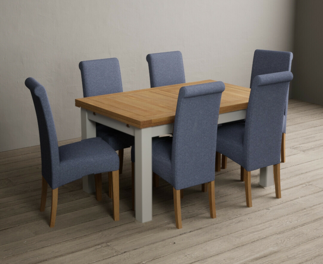 Product photograph of Buxton 140cm Oak And Soft White Extending Dining Table With 6 Grey Scroll Back Chairs from Oak Furniture Superstore