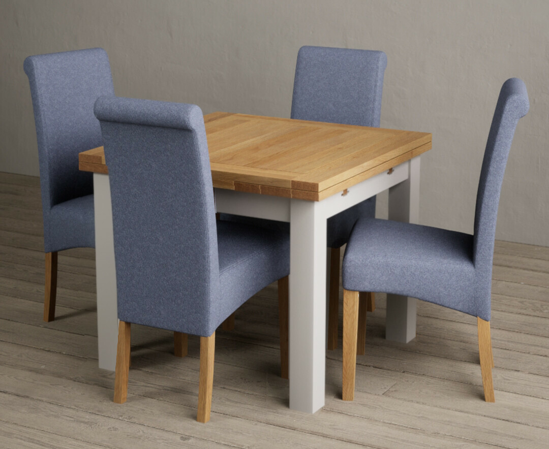 Product photograph of Buxton 90cm Oak And Soft White Extending Dining Table With 6 Blue Scroll Back Chairs from Oak Furniture Superstore.