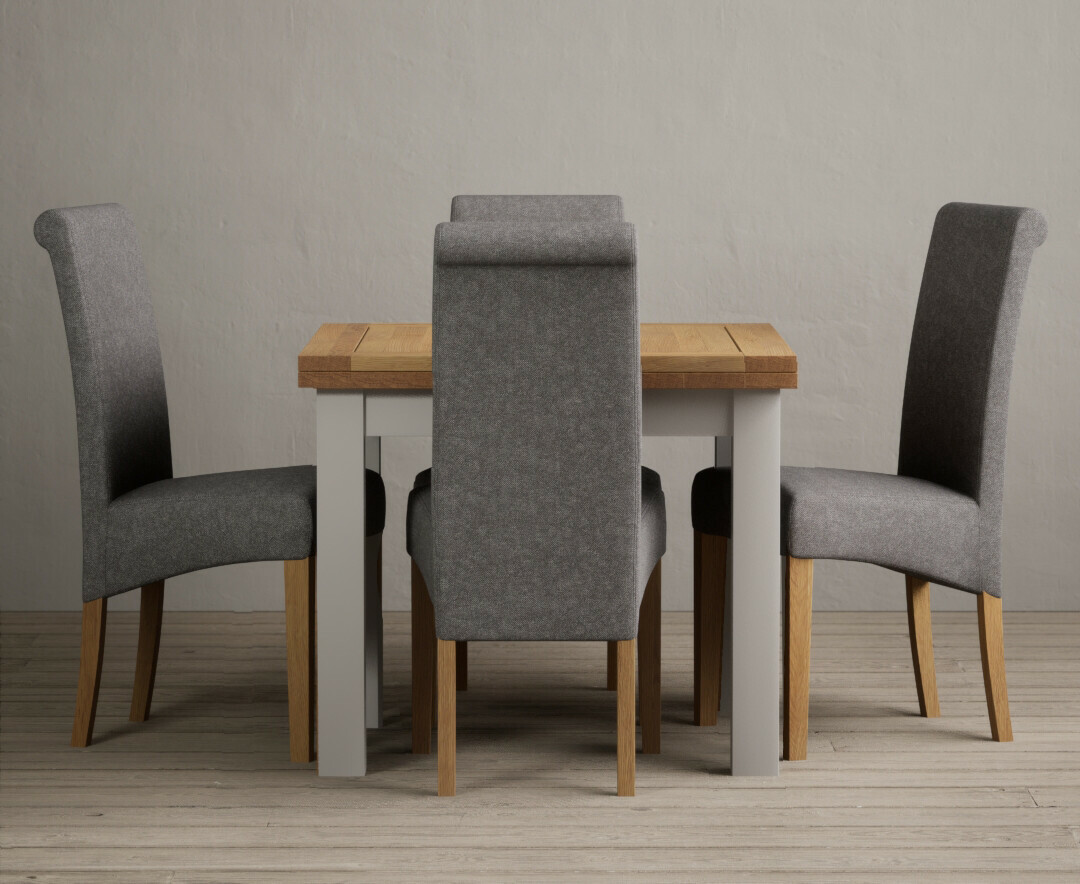 Product photograph of Buxton 90cm Oak And Soft White Extending Dining Table With 6 Grey Scroll Back Chairs from Oak Furniture Superstore