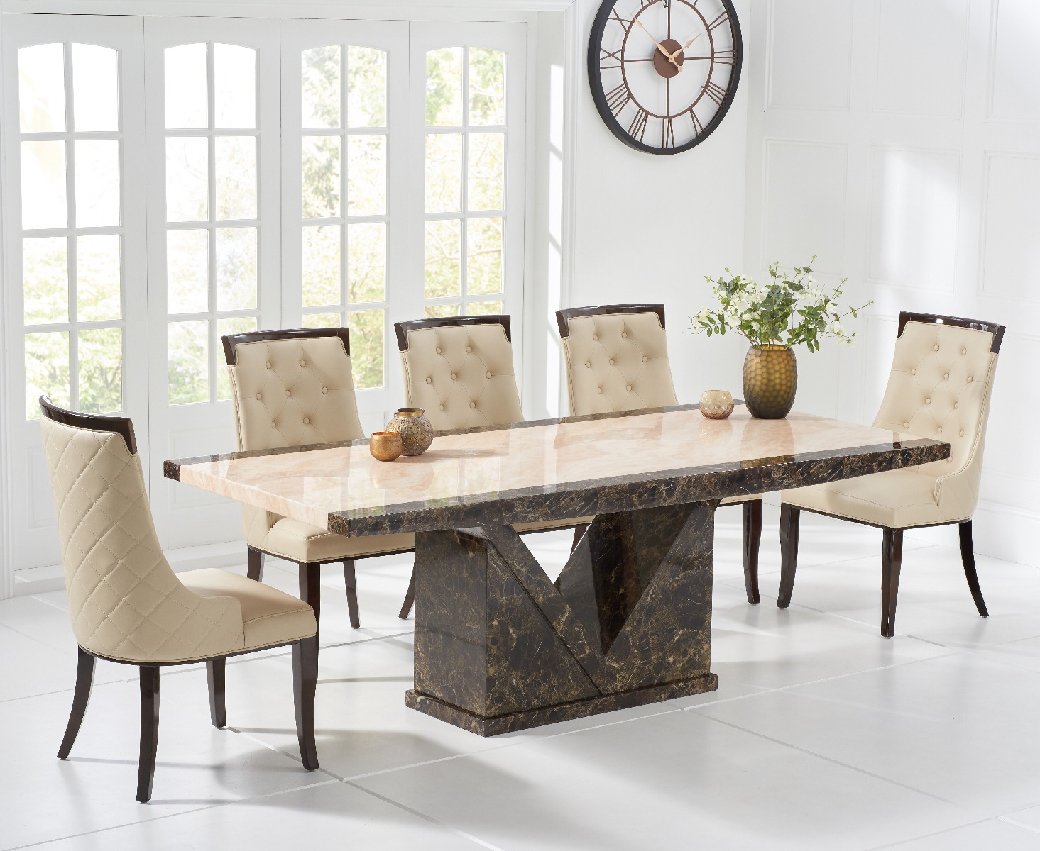 Product photograph of Tenore 220cm Extra Large Marble Effect Dining Table With 8 Cream Francesca Chairs from Oak Furniture Superstore