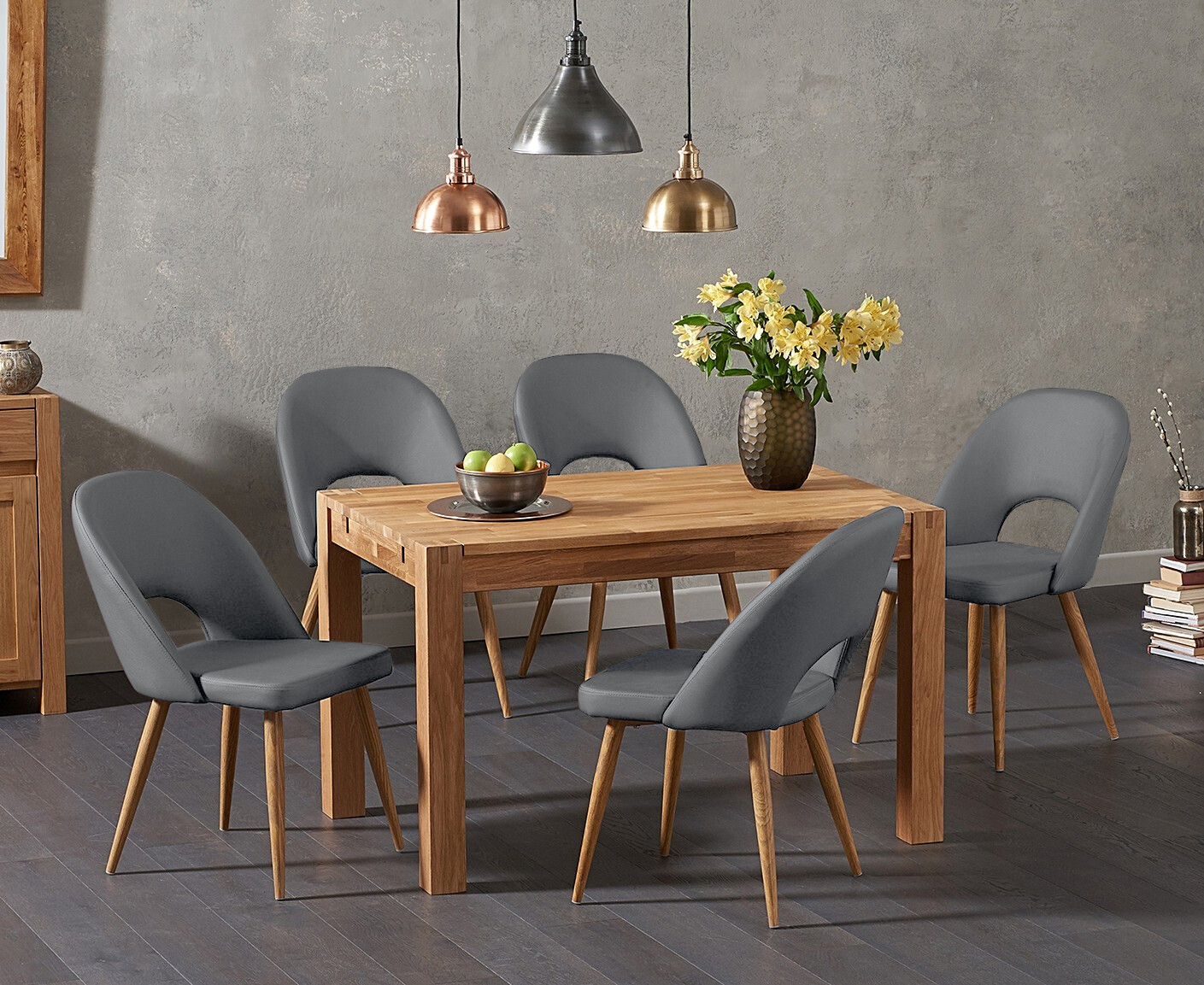 Product photograph of Thetford 120cm Solid Oak Dining Table With 4 Grey Hudson Faux Leather Chairs from Oak Furniture Superstore