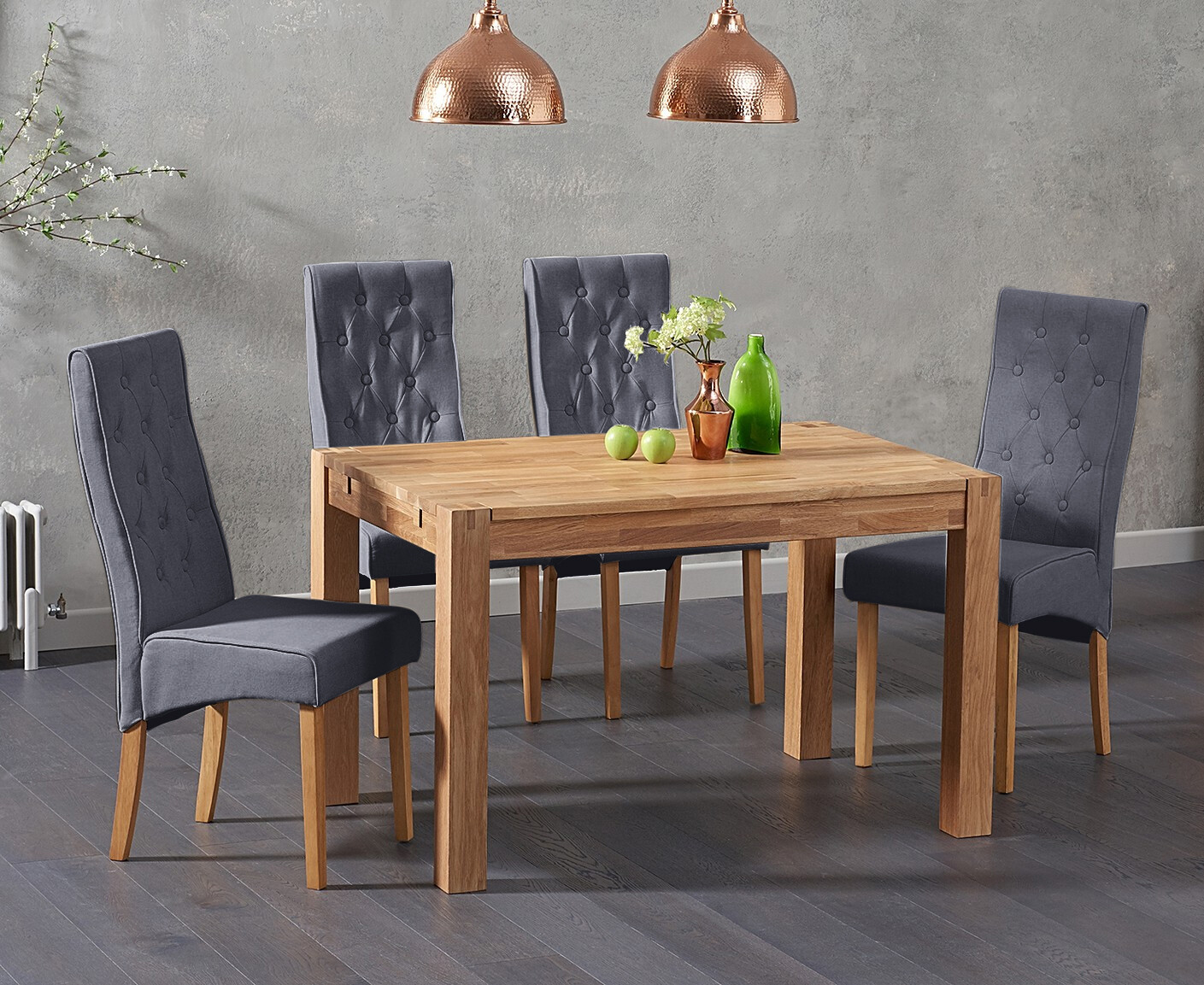 Thetford 120cm Oak Dining Table With 6 Grey Maya Chairs