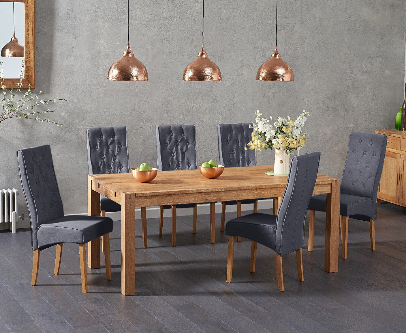 Thetford 180cm Oak Dining Table With 6 Grey Maya Chairs