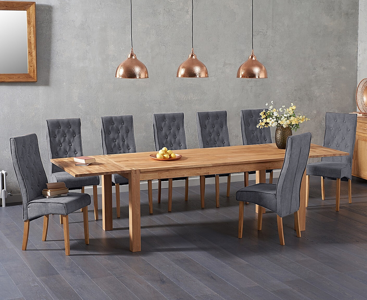 Thetford 180cm Oak Dining Table With 8 Grey Maya Chairs With Thetford 45cm Oak Extensions