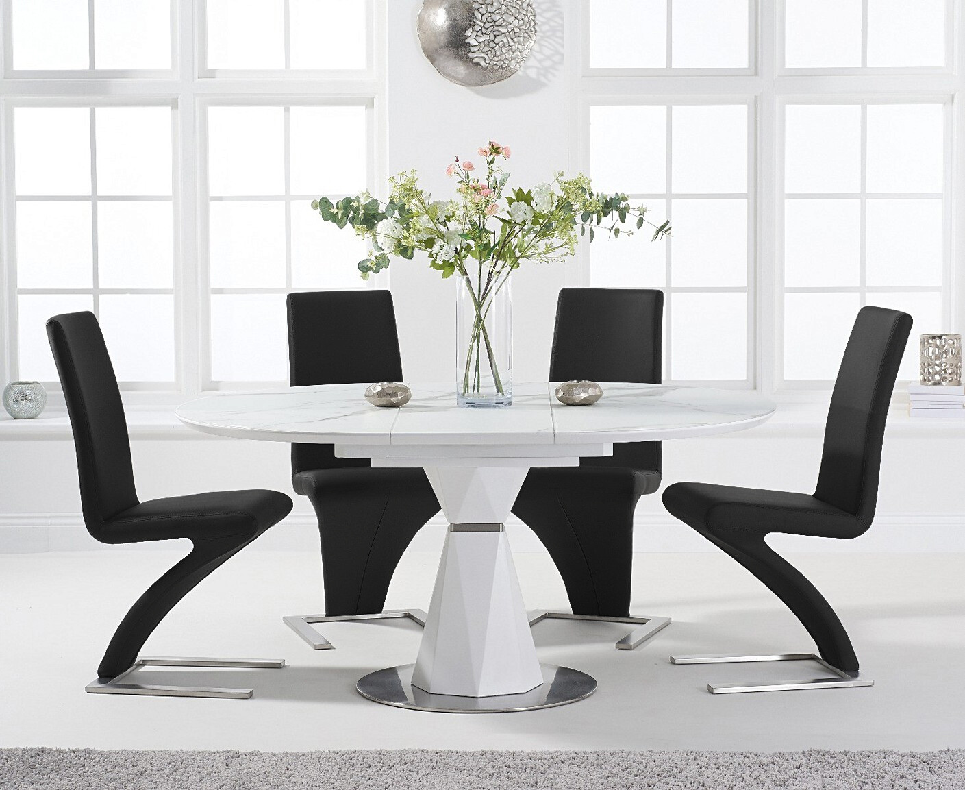 Photo 3 of Venosa 120cm round white dining table with 6 grey aldo chairs