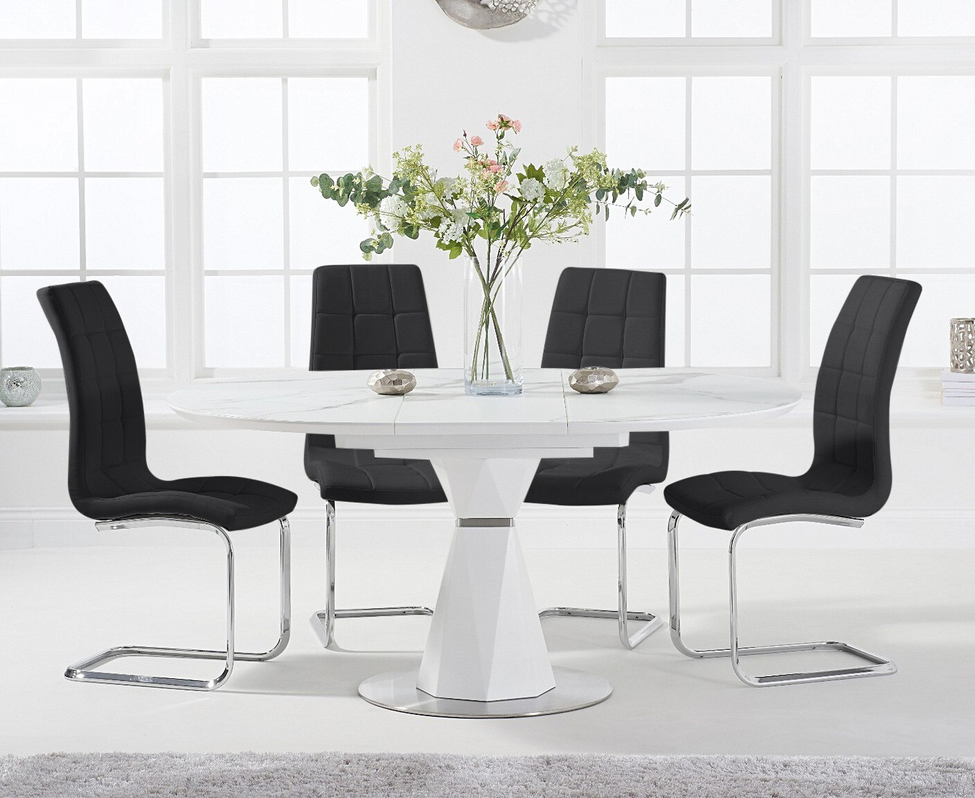 Photo 3 of Venosa 120cm round white dining table with 6 black vigo chairs