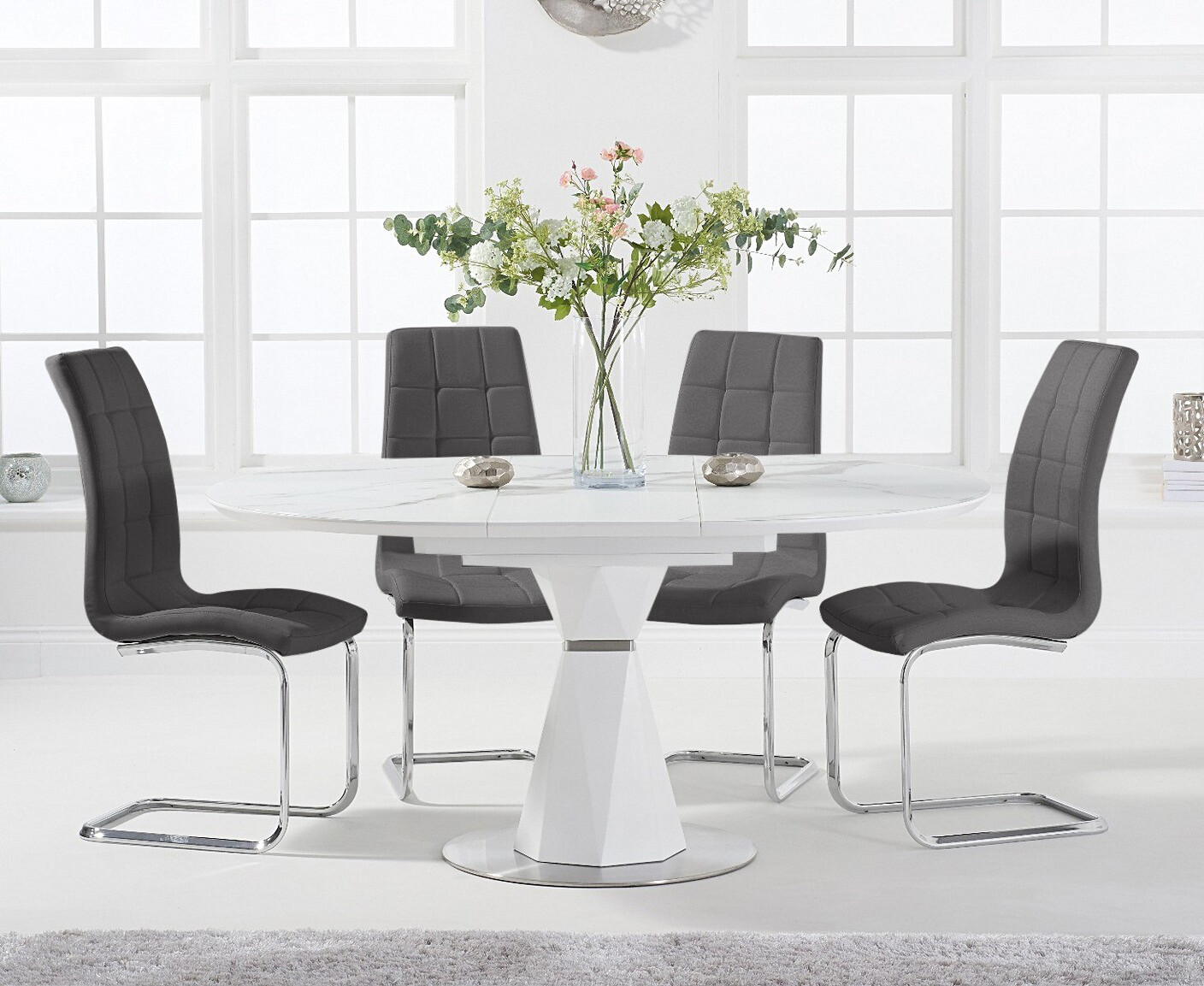 Photo 2 of Venosa 120cm round white dining table with 4 white vigo chairs
