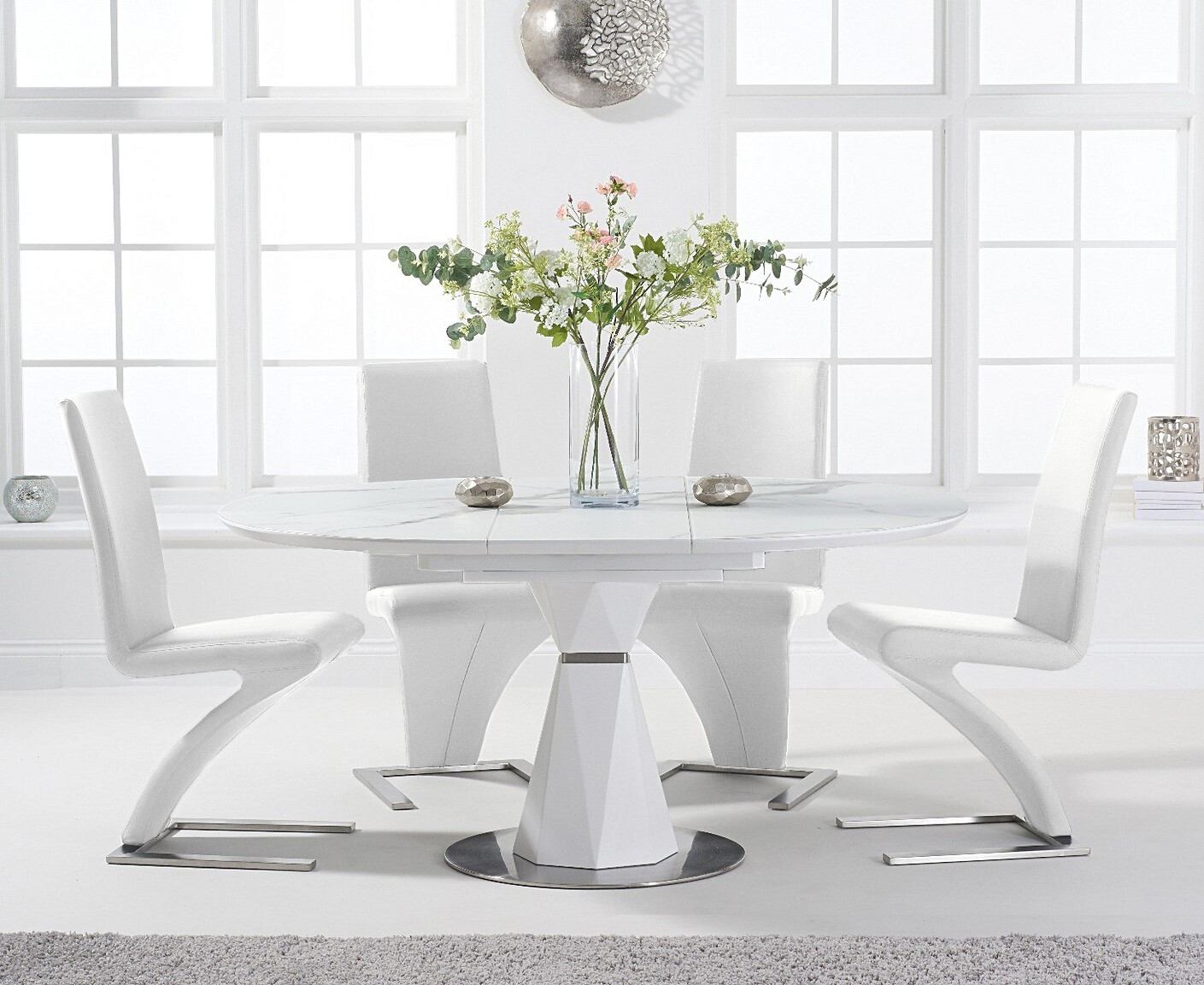 Venosa 120cm Round White Dining Table With 6 White Aldo Chairs
