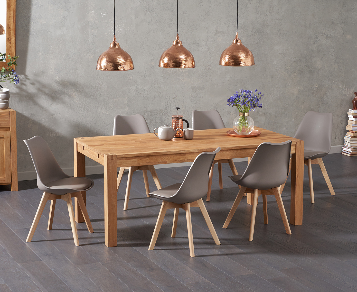 Photo 1 of Thetford 150cm oak dining table with 8 light grey orson chairs