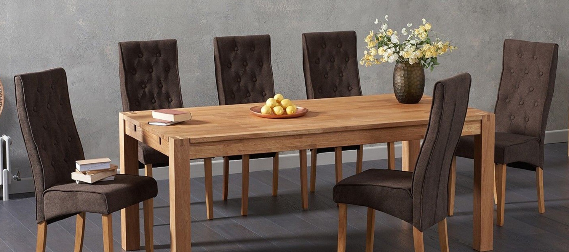 Photo 4 of Thetford 150cm oak dining table with 6 grey maya chairs