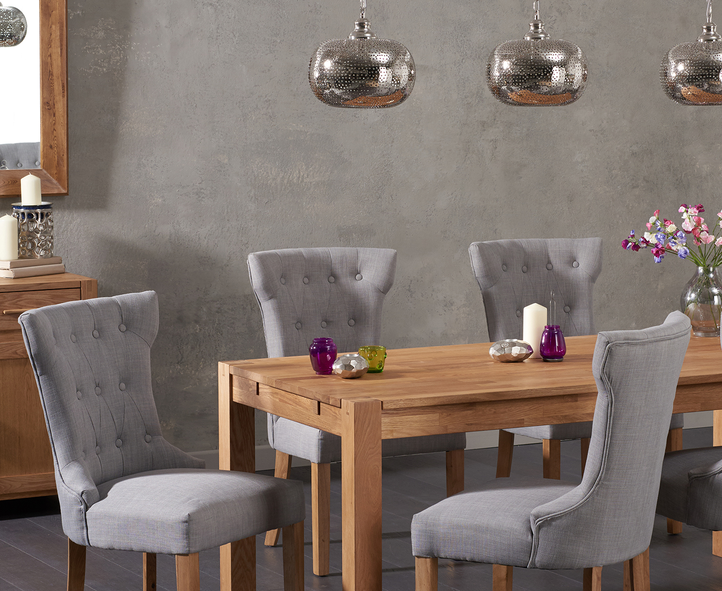 Photo 3 of Thetford 180cm oak dining table with 6 grey clara chairs