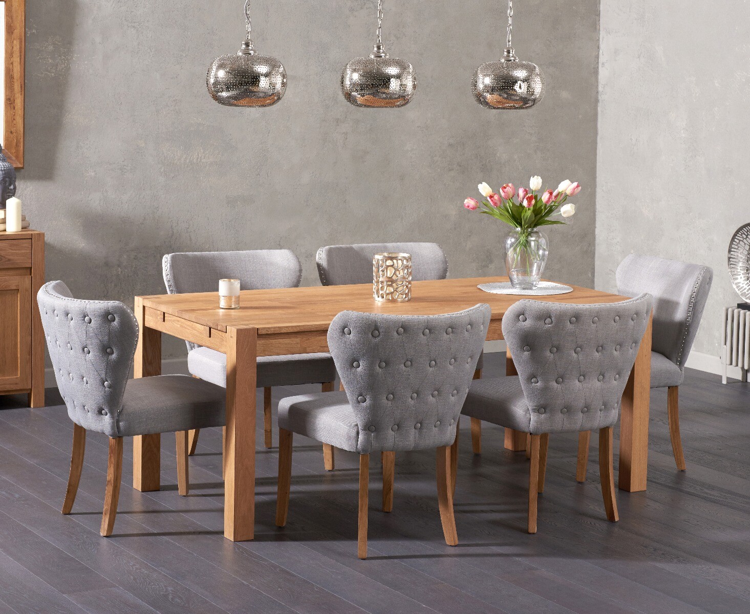 Thetford 150cm Oak Dining Table With 6 Grey Isla Chairs