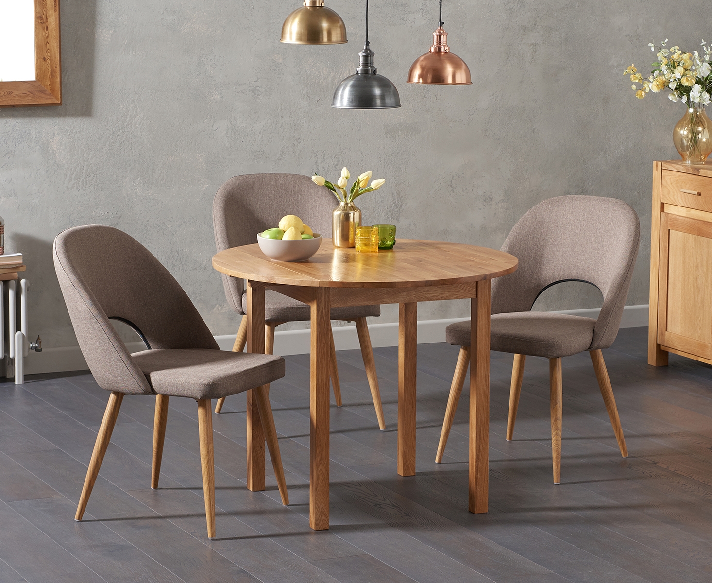 Product photograph of Thetford 110cm Oak Round Dining Table With 4 Grey Halifax Chairs from Oak Furniture Superstore