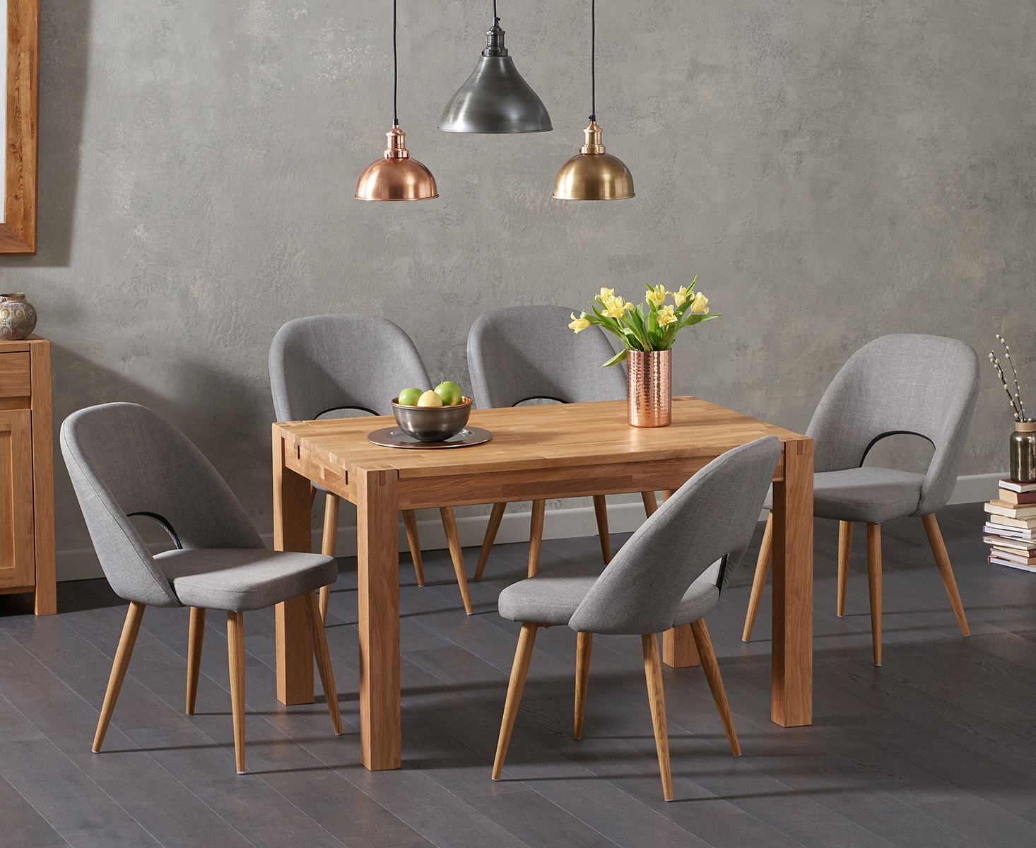 Product photograph of Thetford 120cm Solid Oak Dining Table With 4 Grey Hudson Fabric Chairs from Oak Furniture Superstore
