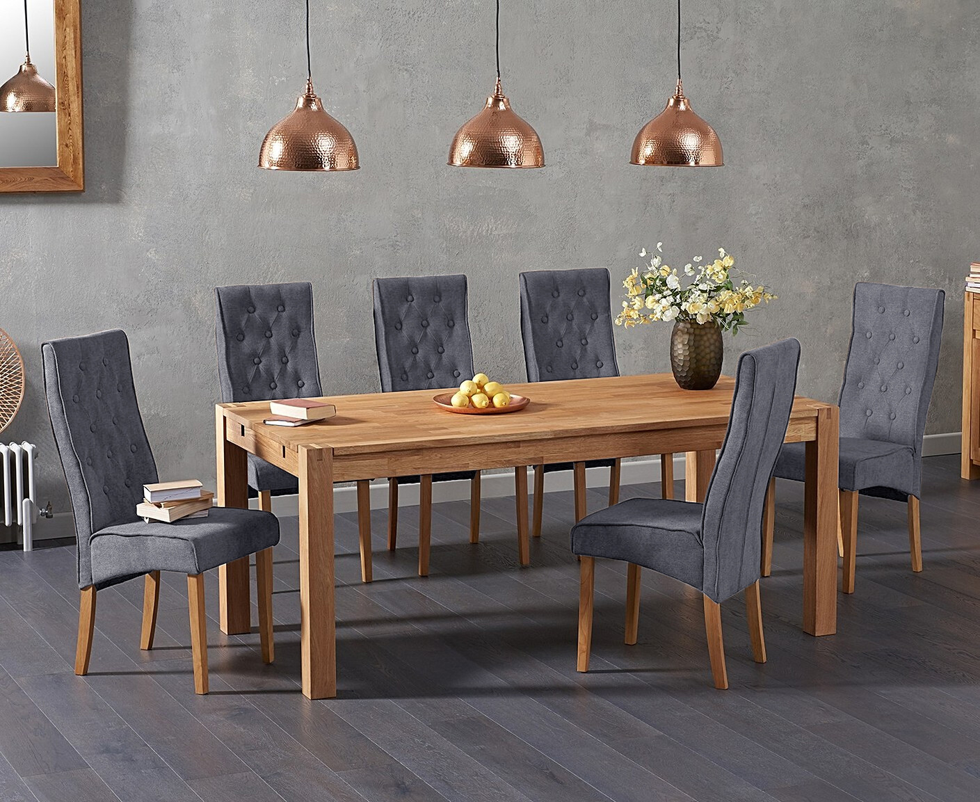Photo 1 of Thetford 150cm oak dining table with 6 grey maya chairs