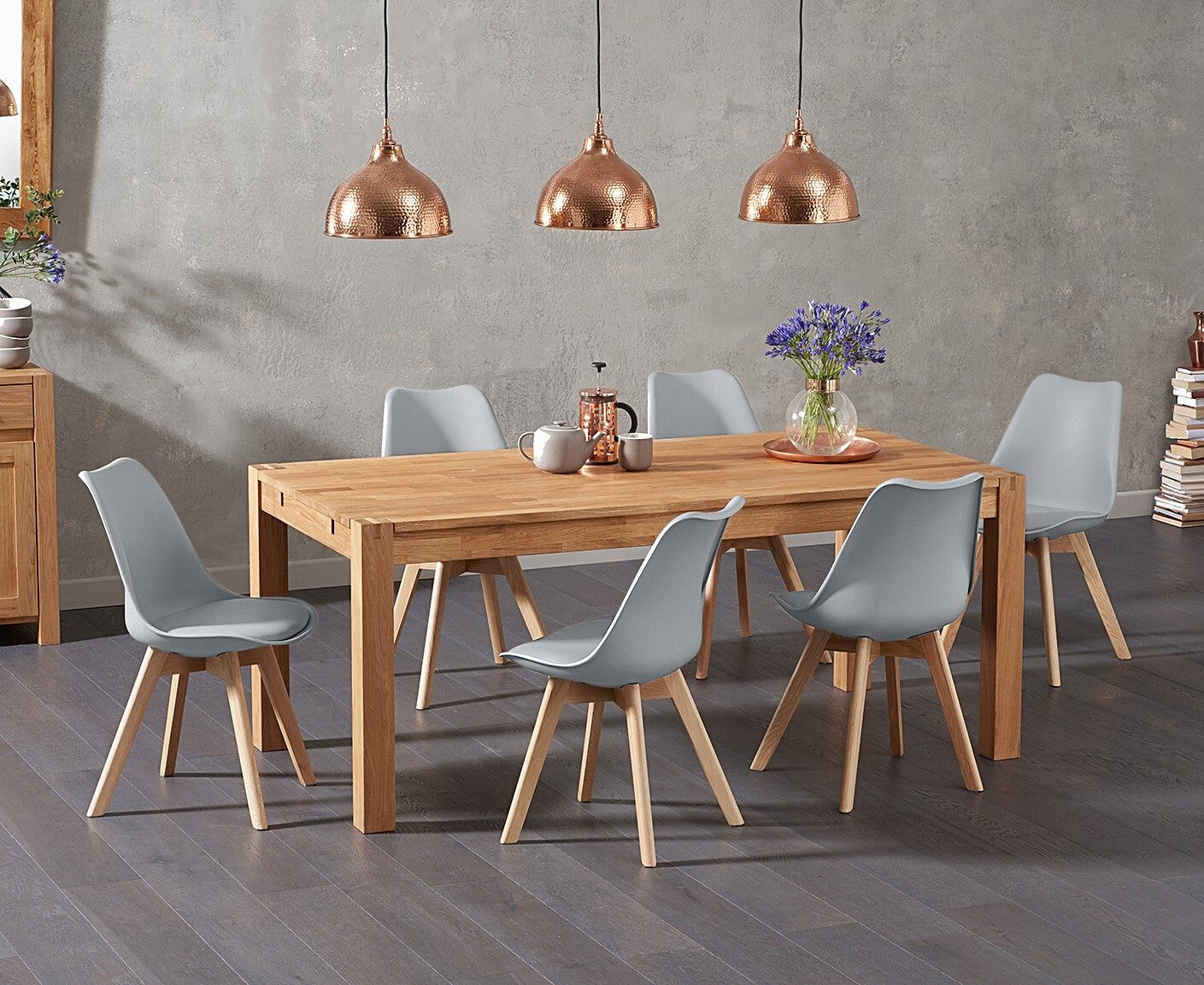 Photo 3 of Thetford 150cm oak dining table with 8 light grey orson chairs