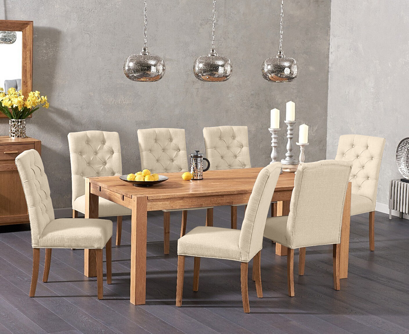 Photo 3 of Thetford 150cm oak dining table with 6 grey isabella chairs