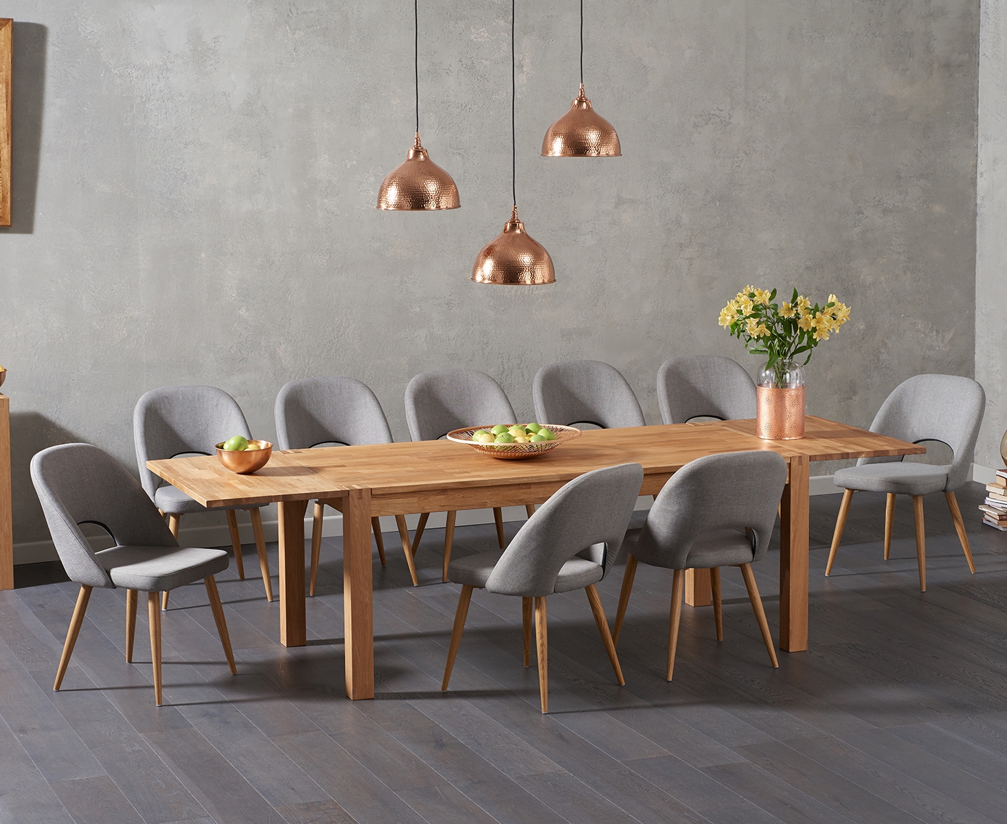 Product photograph of Thetford 180cm Oak Dining Table With 8 Grey Halifax Chairs With Thetford 45cm Oak Extensions from Oak Furniture Superstore