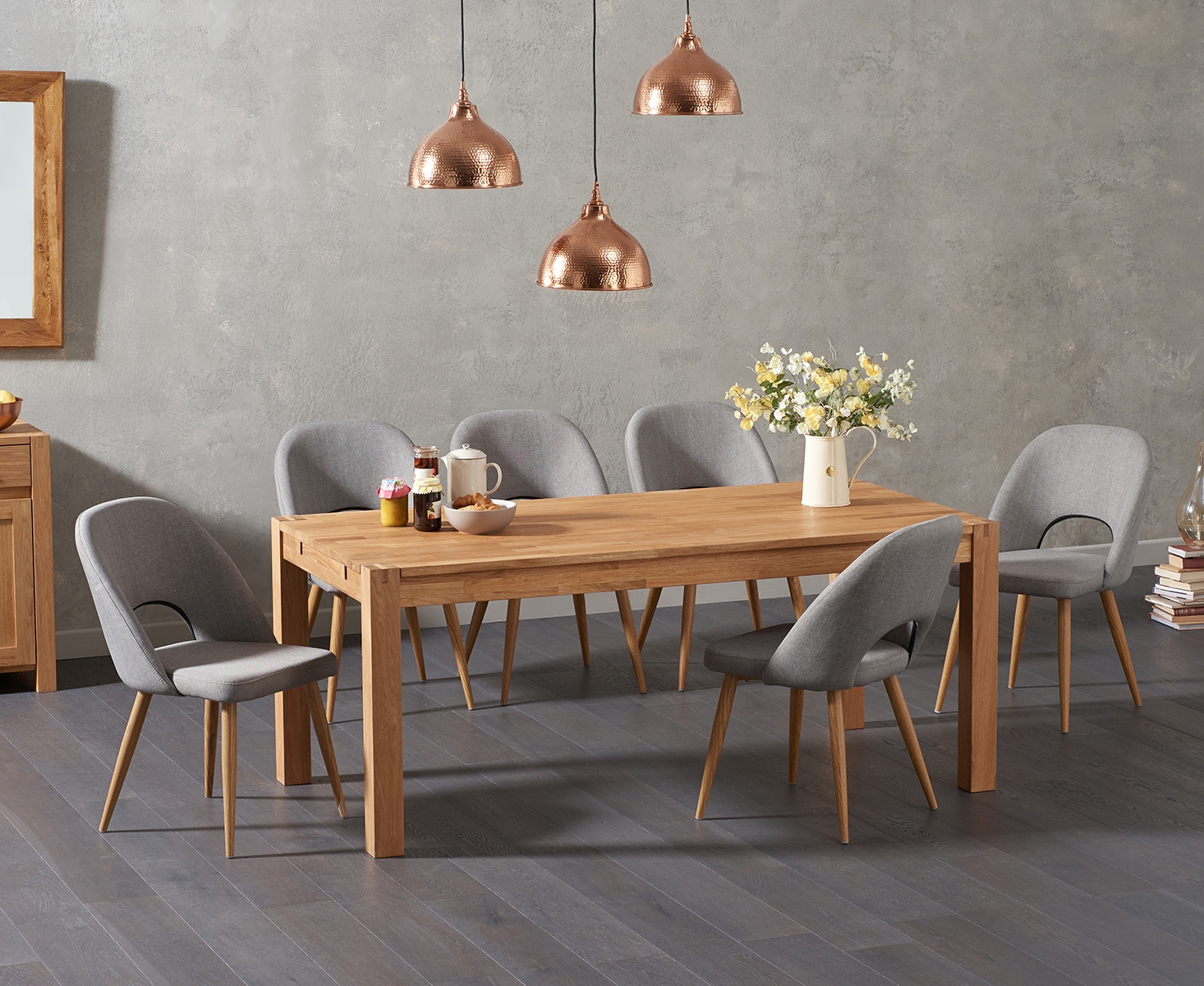 Thetford 180cm Solid Oak Dining Table With 8 Grey Hudson Fabric Chairs