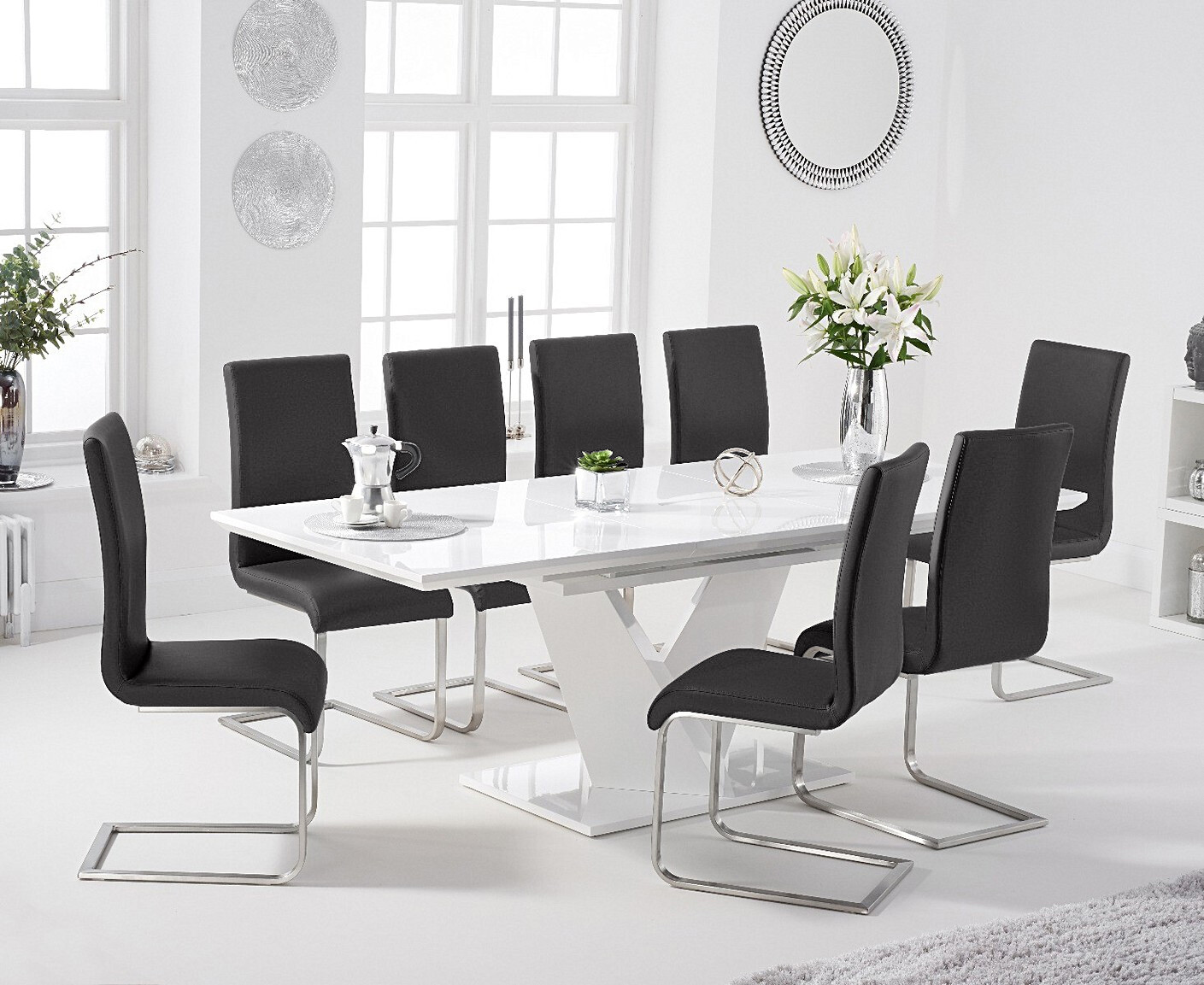 Photo 2 of Extending vittorio 160cm white high gloss dining table with 10 grey austin chairs