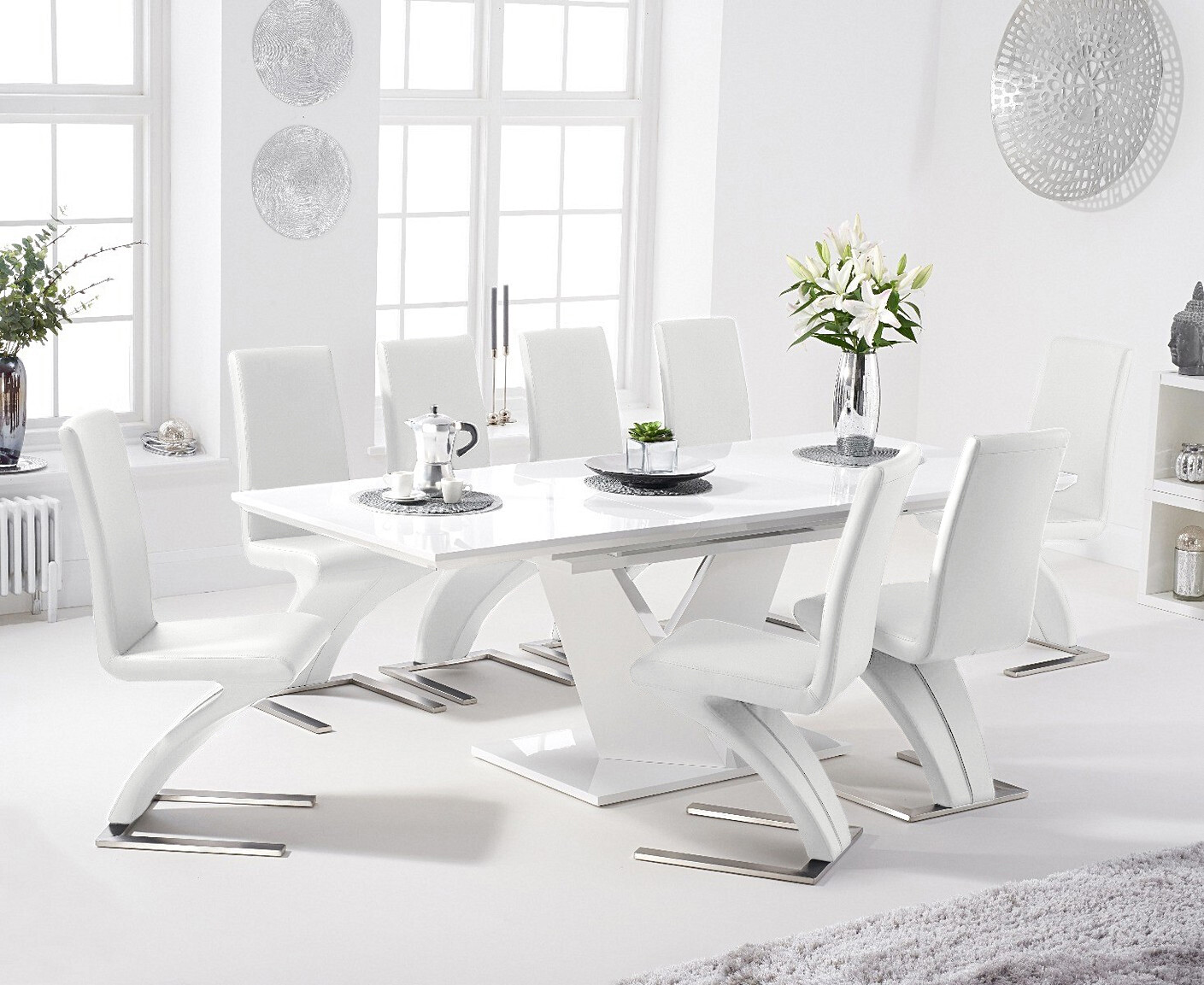 Extending Vittorio 160cm White High Gloss Dining Table With 10 White Aldo Faux Leather Chairs