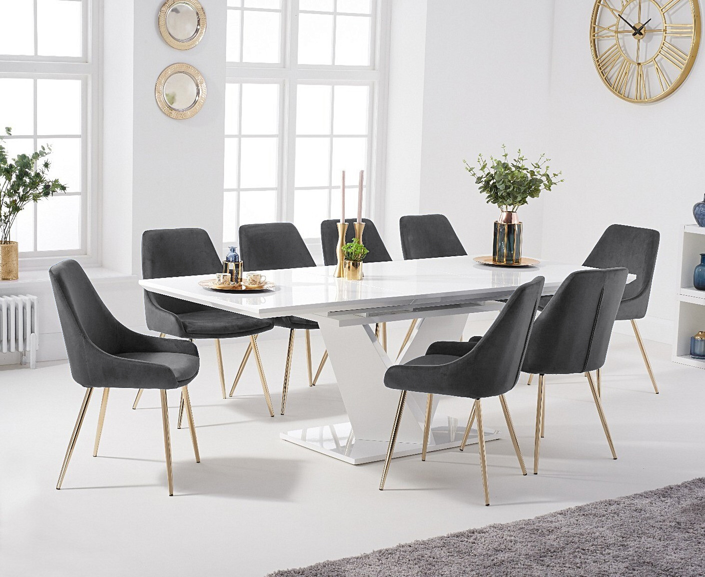 Photo 2 of Extending vittorio 160cm white high gloss dining table with 8 blue lola chairs