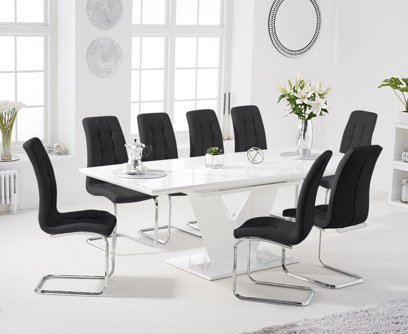 Photo 3 of Extending vittorio 160cm white high gloss dining table with 8 black vigo chairs