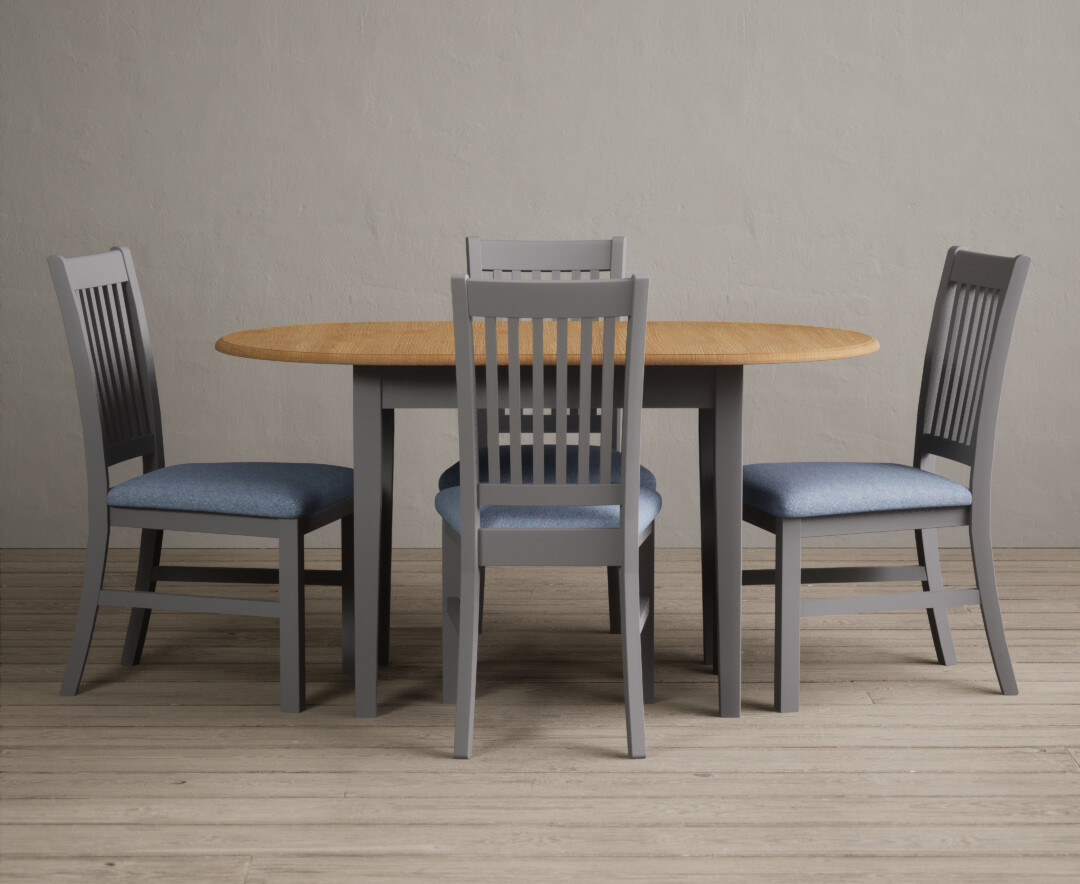 Product photograph of Extending Warwick Oak And Light Grey Painted Dining Table With 4 Blue Warwick Chairs from Oak Furniture Superstore