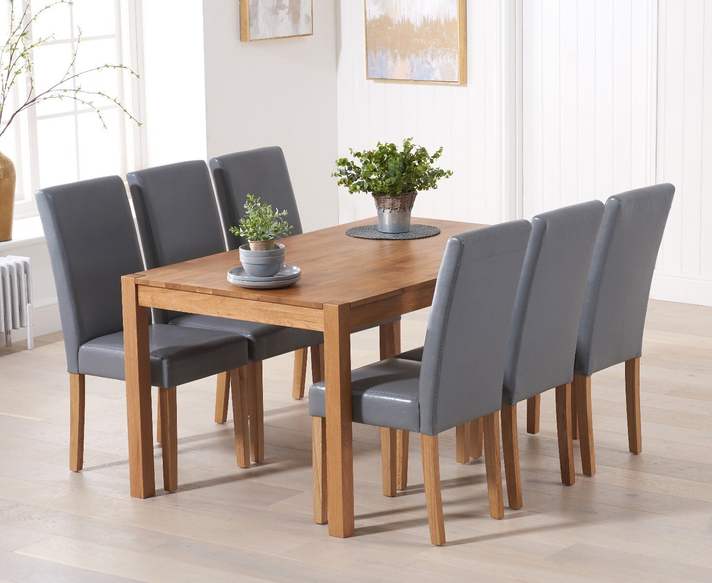 Product photograph of York 150cm Solid Oak Dining Table With 6 Grey Olivia Chairs from Oak Furniture Superstore